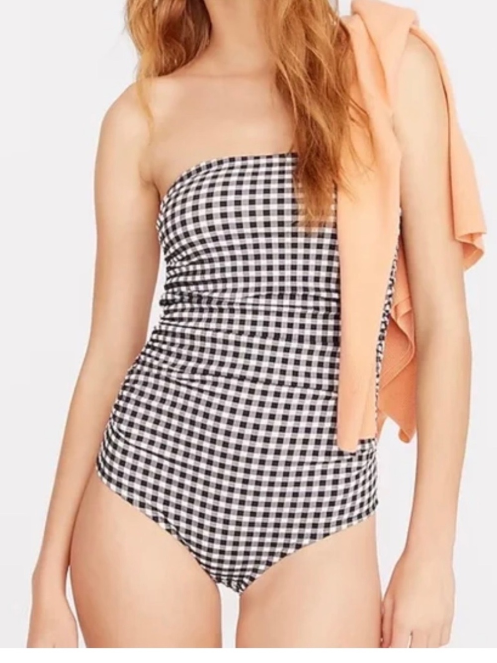 J. Crew Navy and White Gingham Ruched Bandeau One Piece Swimsuit